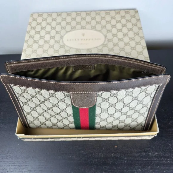 Vintage GUCCI Parfums GG Monogram Large Pouch Clutch Web Stripe NIB Italy 12
